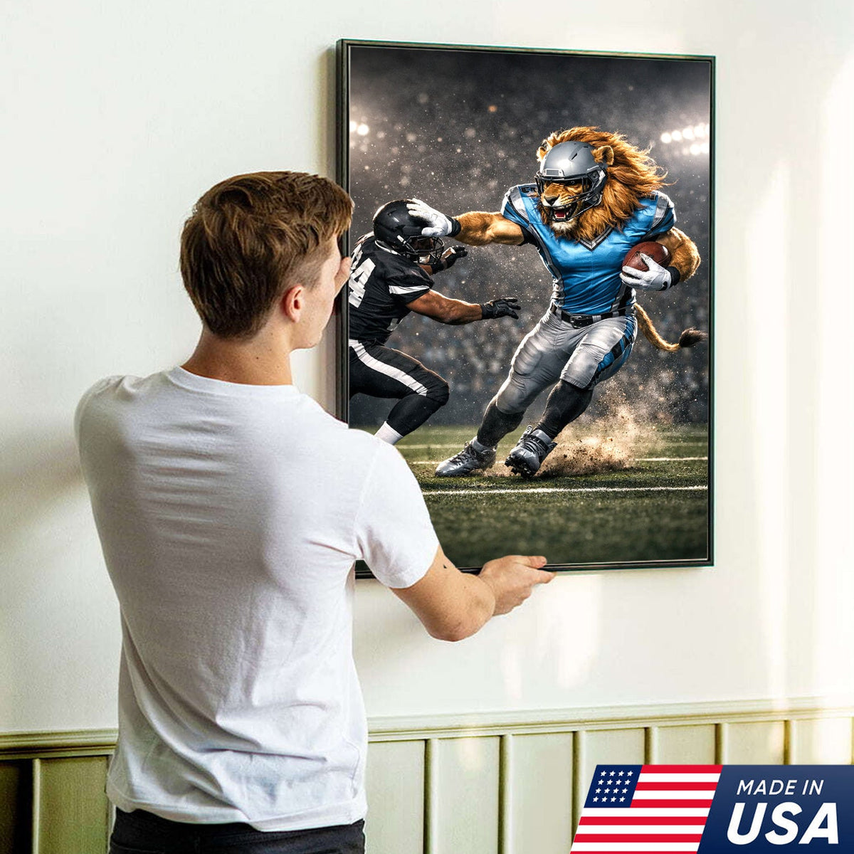 Fearless Lion Football Canvas Wall Art – Powerful Big Cat Athlete Stadium Action Print