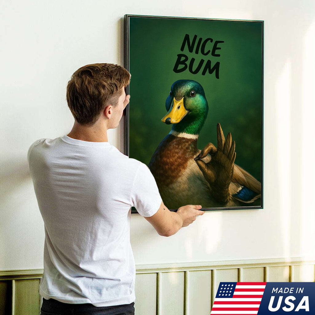 Cheeky Duck Canvas Wall Art – Funny Mallard Humor Print – Playful Rustic Lodge Bathroom Decor