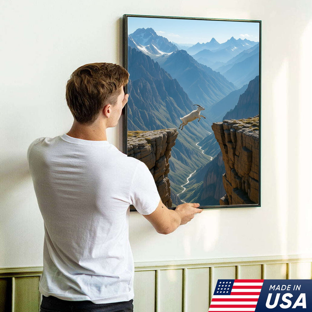 Mountain Goat Cliff Jump Canvas Wall Art, Alpine Canyon Landscape Print