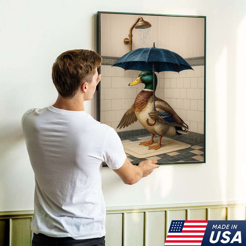 Duck with Umbrella in Shower Canvas Wall Art, Quirky Bathroom Wall Decor