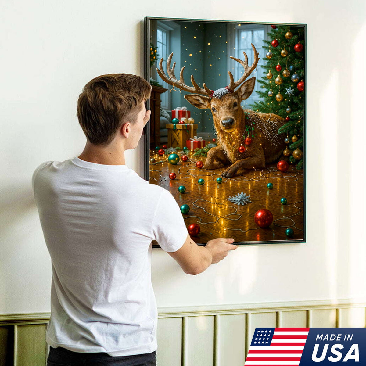 Christmas Reindeer Living Room Canvas Wall Art, Cute Deer With Christmas Tree and Ornaments