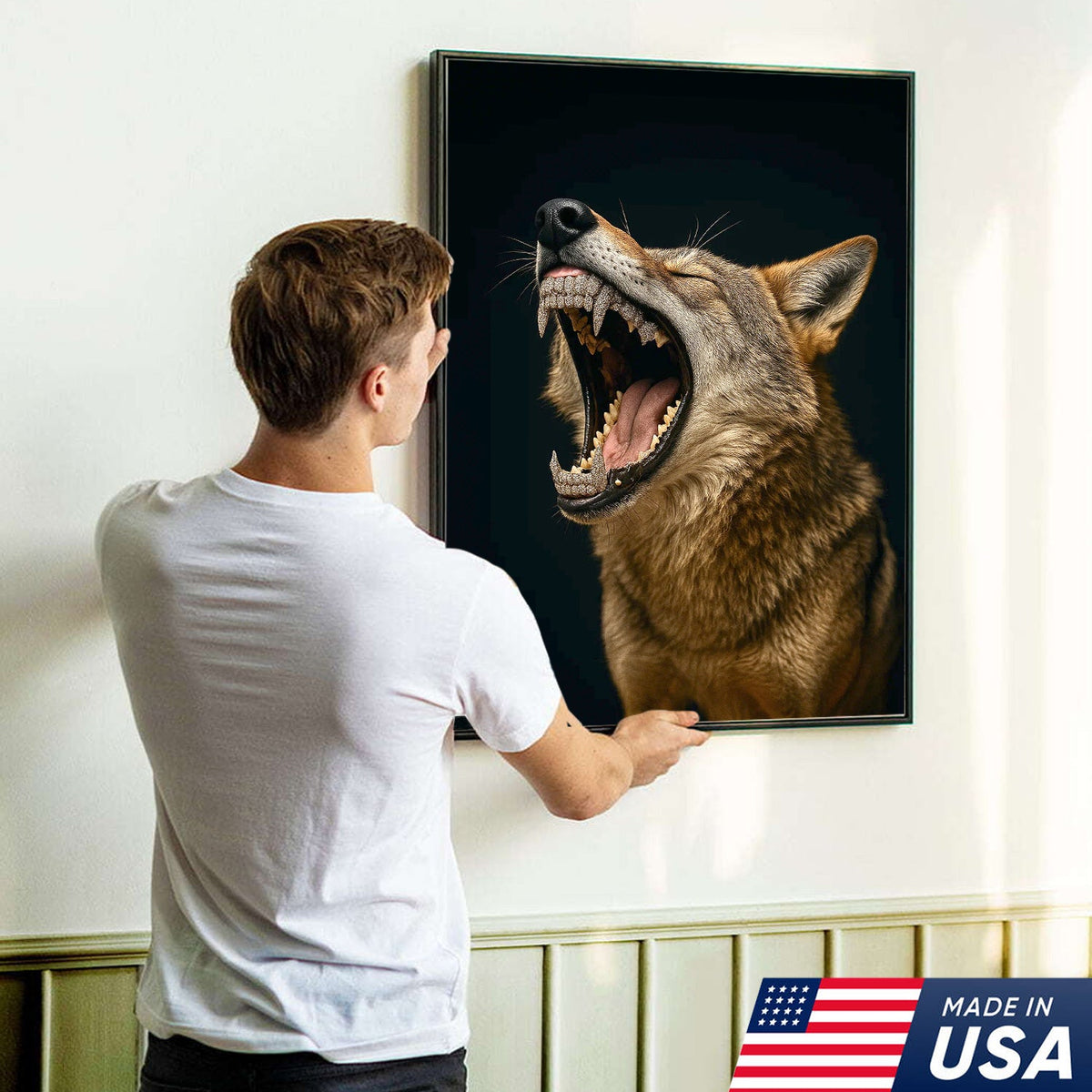 Roaring Wolf Canvas Wall Art, Fierce Animal Portrait Artwork, Rustic Wildlife Decor