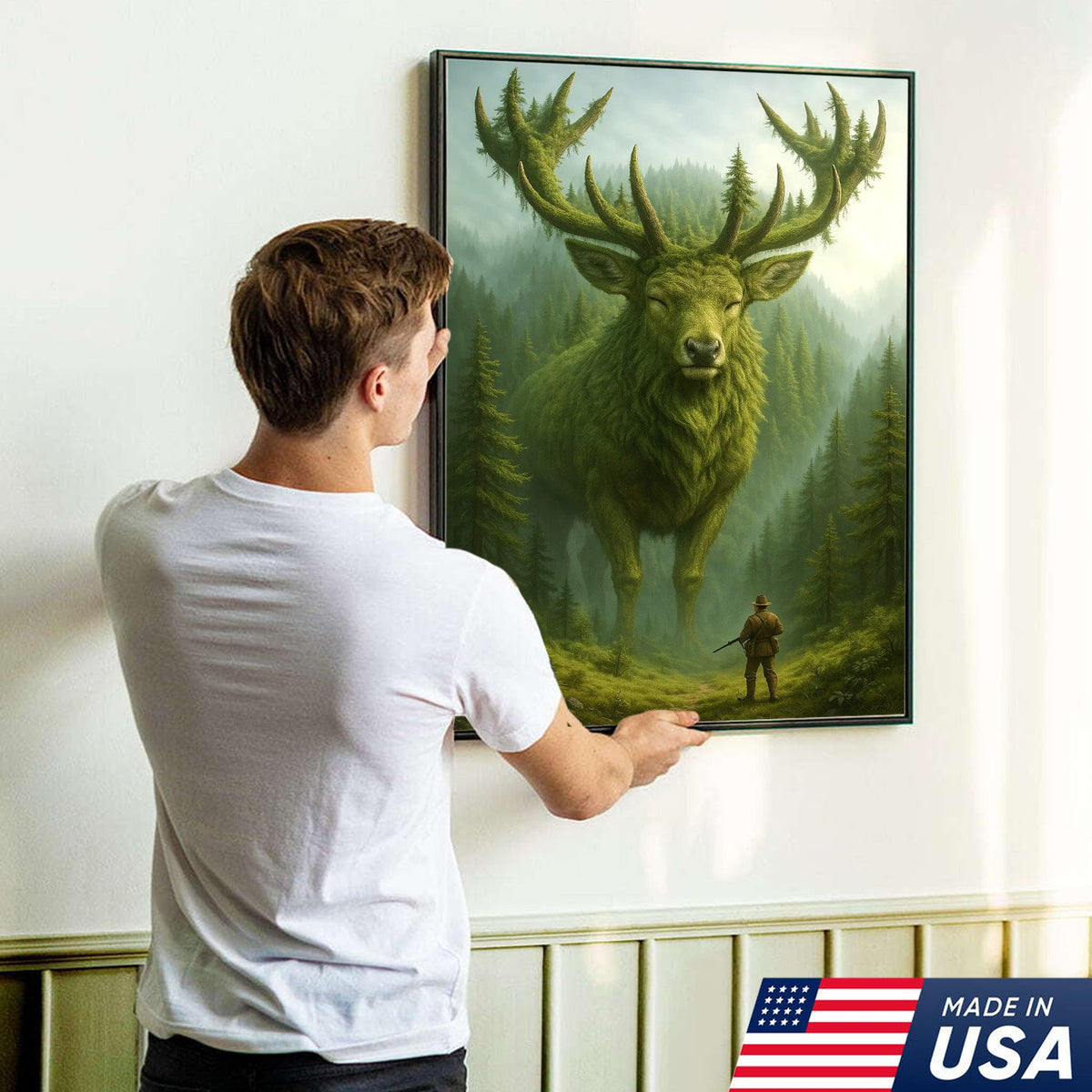 Forest Spirit Deer Wall Art Canvas, Giant Moss Elk with Hunter Fantasy Landscape
