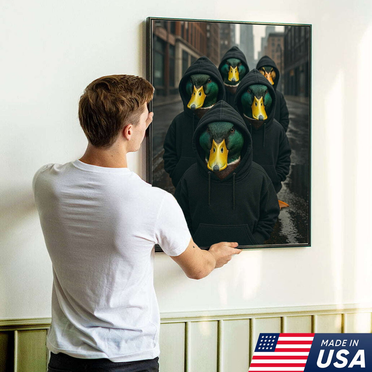 Urban Duck Gang Canvas Wall Art, Hooded Anthropomorphic Ducks Artwork