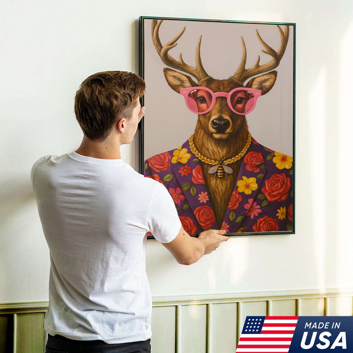 Funny Deer Wall Art Canvas – Stylish Hunter Canvas with Floral Suit & Sunglasses