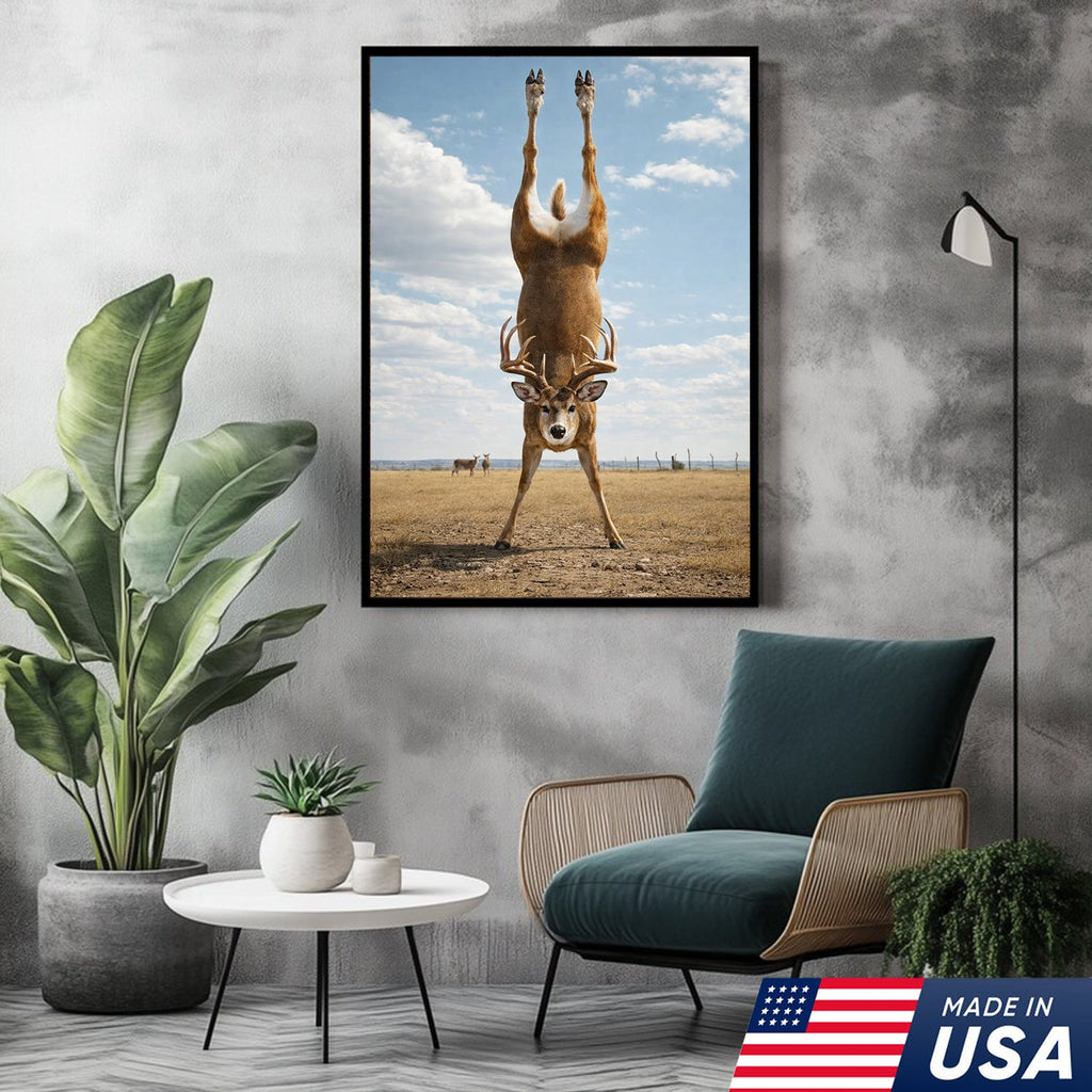 Upside Down Deer Canvas Wall Art, Funny Wildlife Photography Print