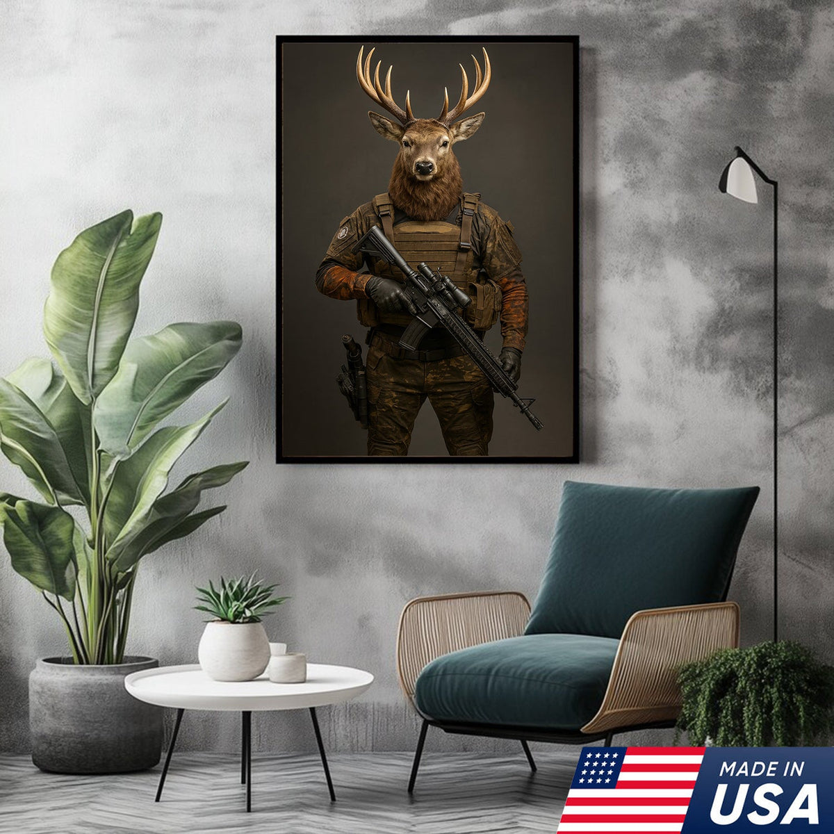 Tactical Deer Soldier Wall Art Canvas – Military Buck Canvas Print for Man Cave & Hunter Decor