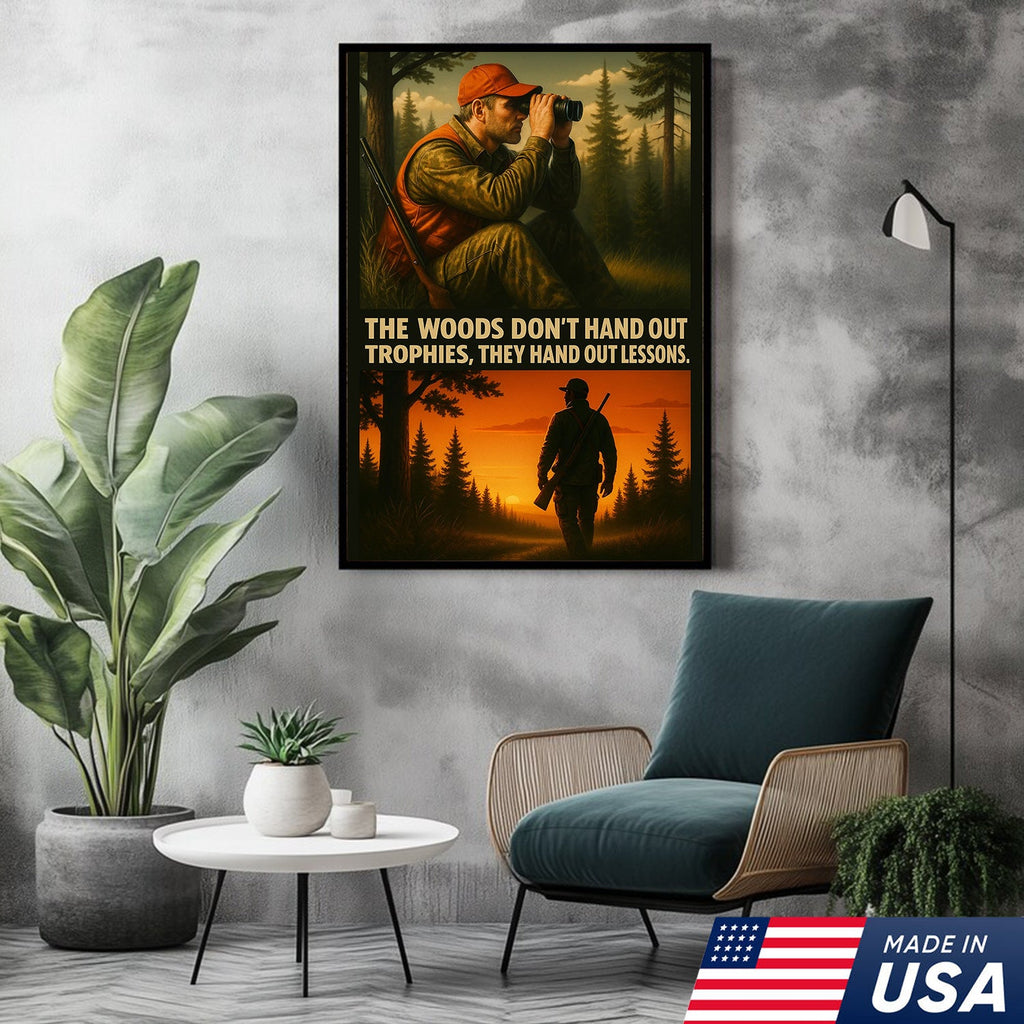 Inspirational Hunting Canvas Wall Art – Hunter in Forest with Rifle & Quote “The Woods Don’t Hand Out Trophies, They Hand Out Lessons”