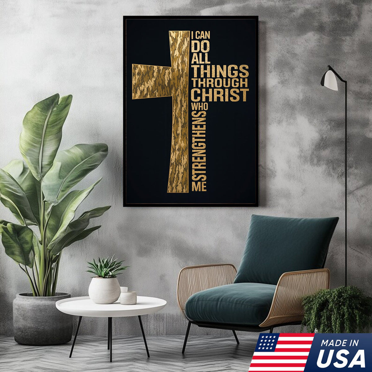 Camo Cross Christian Canvas Wall Art, Philippians 413 I Can Do All Things Through Christ Verse