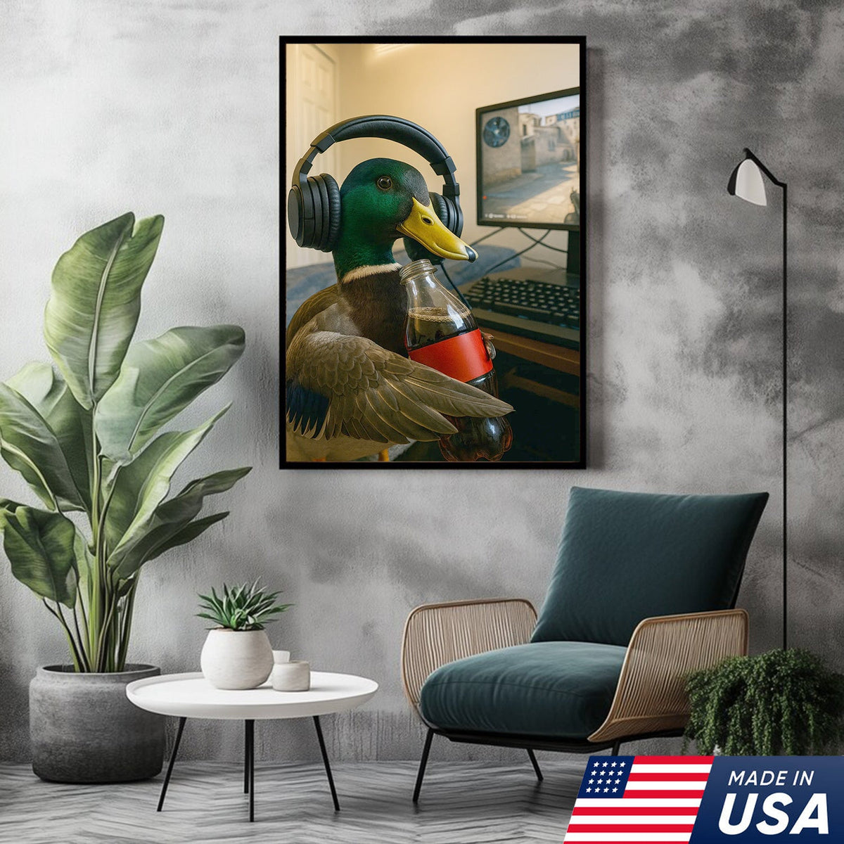 Funny Gamer Duck Canvas Wall Art, Mallard With Headphones and Soda