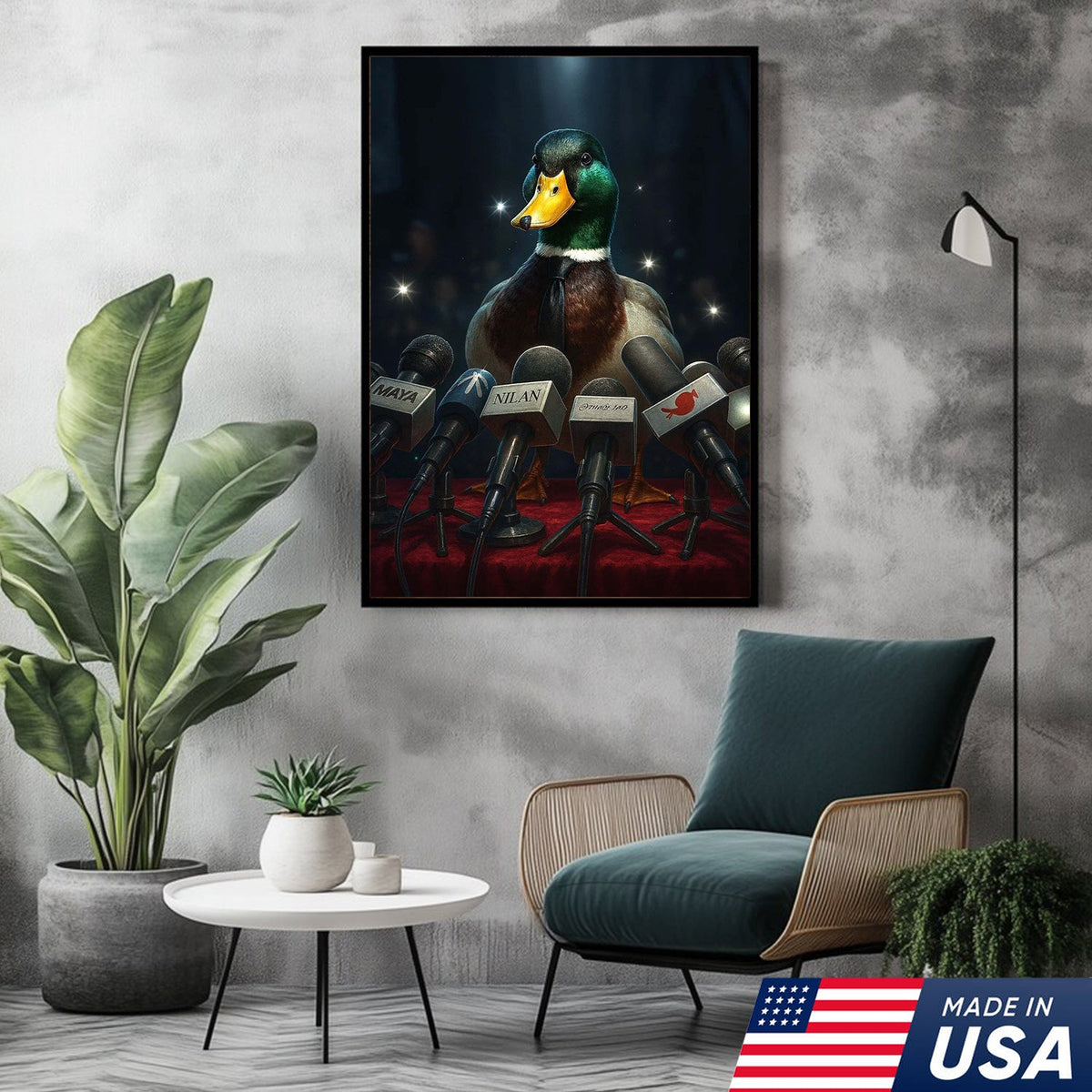 Confident Duck Press Conference Canvas Wall Art, Funny Animal Leader Humor Artwork