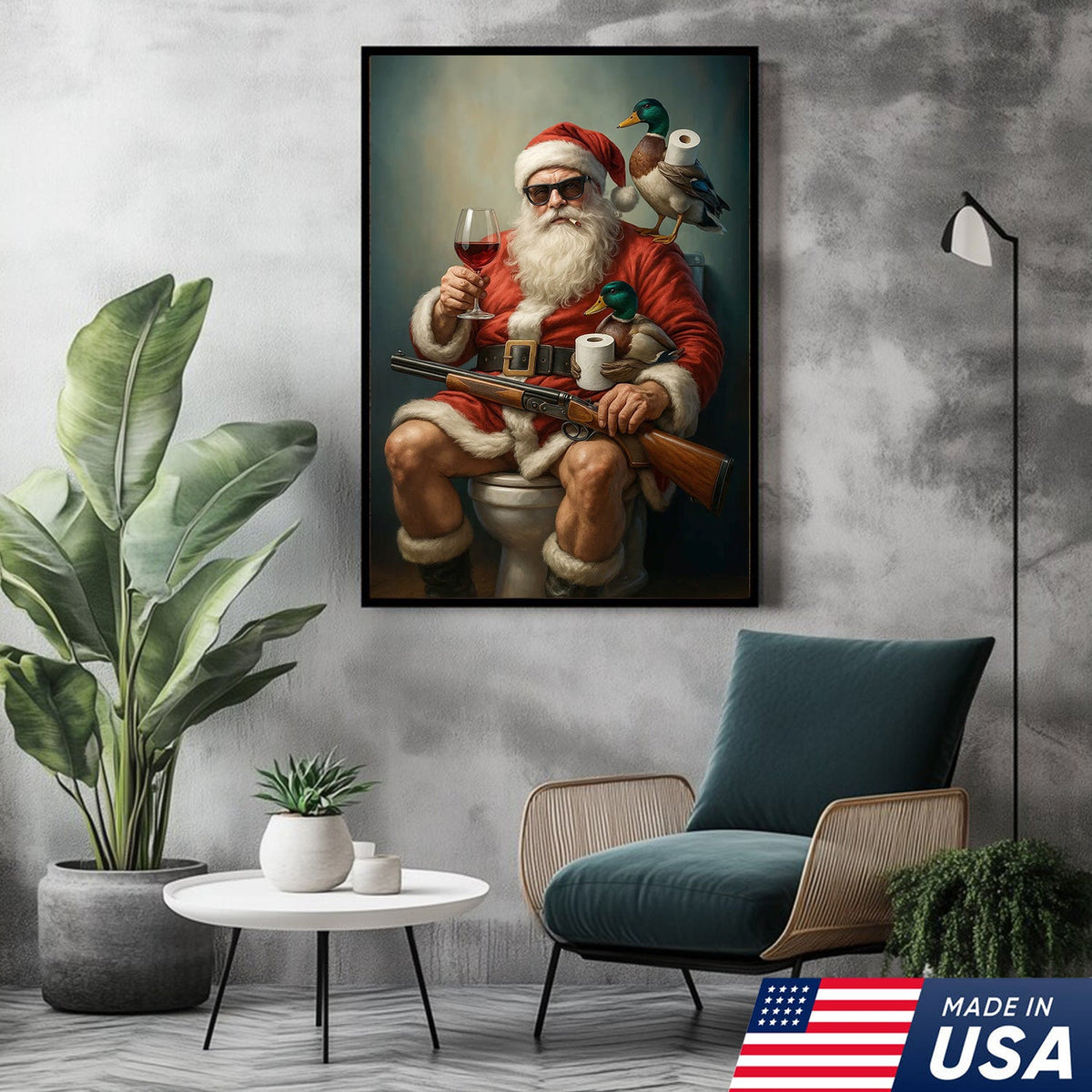 Santa Duck Hunting Christmas Canvas – Funny Holiday Wall Art for Rustic Cabin Bathroom Decor