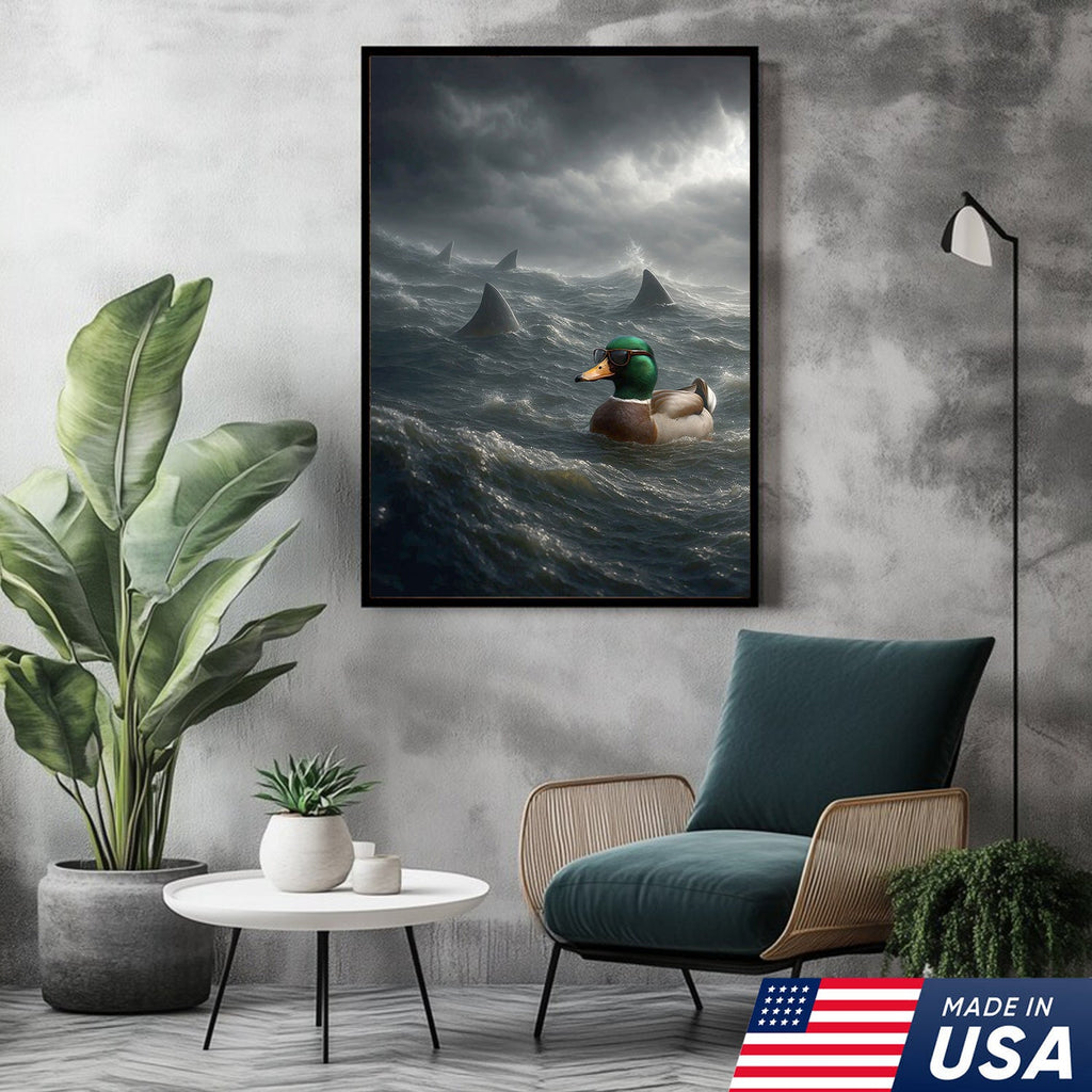 Funny Duck in Shark Infested Waters Canvas Wall Art, Cool Sunglasses Duck Ocean Storm Print
