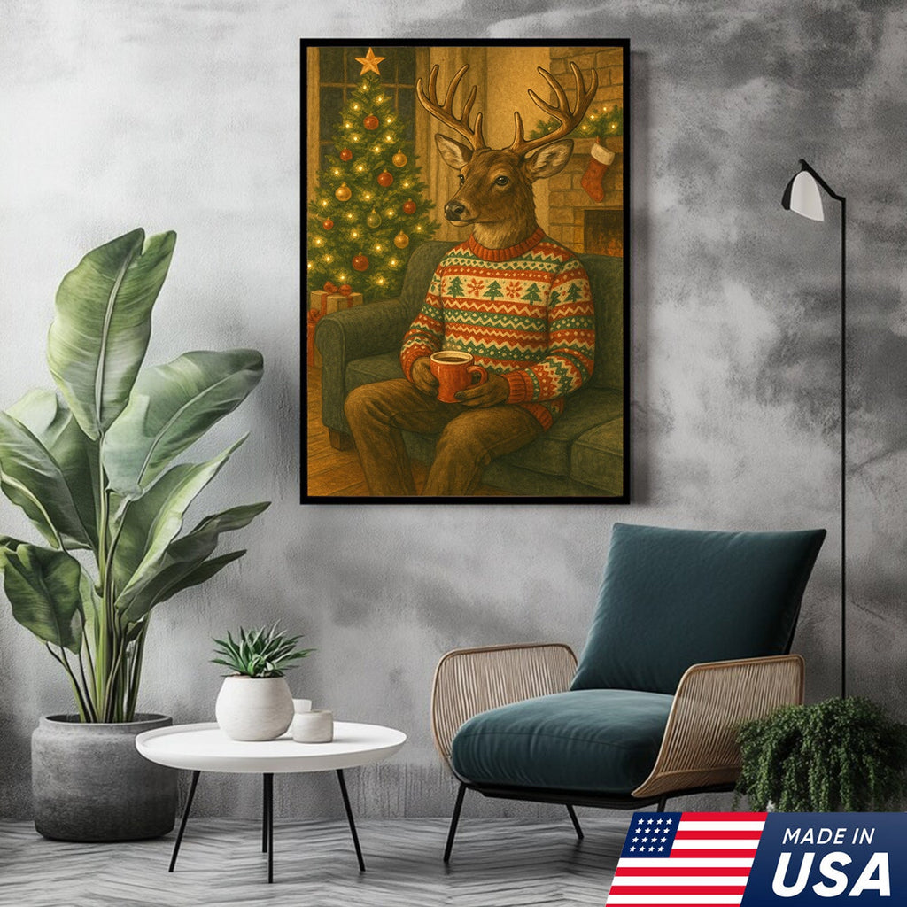 Cozy Christmas Deer Canvas Wall Art Print – Holiday Reindeer With Hot Cocoa