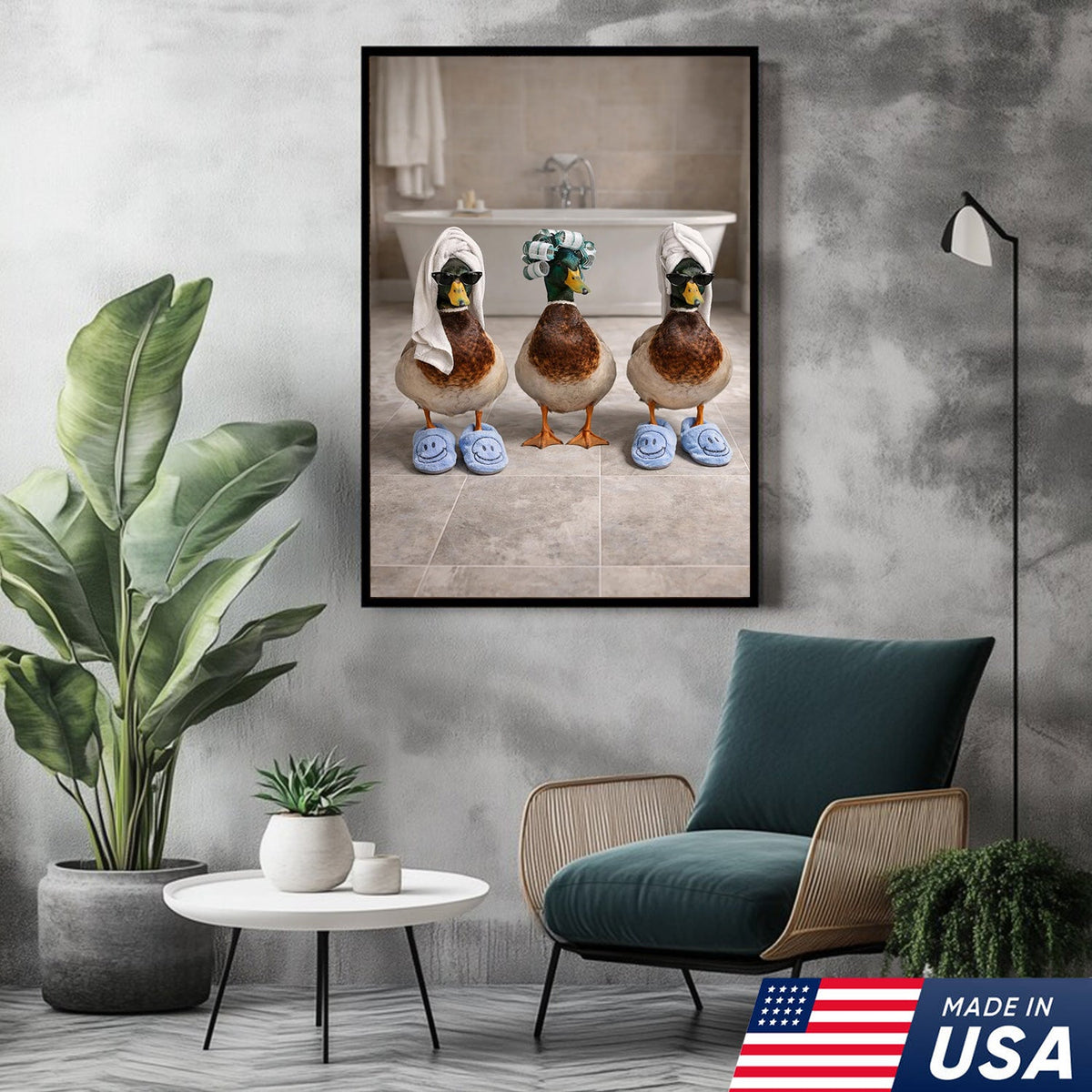 Funny Duck Spa Bathroom Canvas Wall Art, Whimsical Farm Animal Self Care Illustration