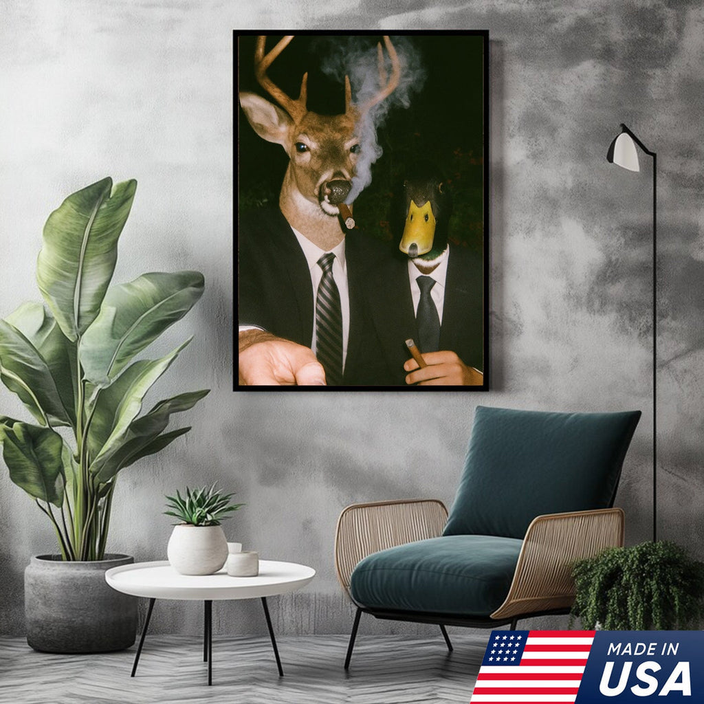 Funny Deer and Duck Canvas Wall Art - Hilarious Animal Duo in Suits