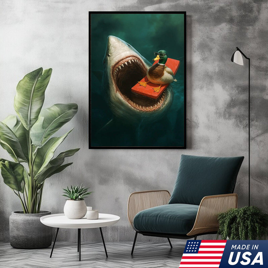 Funny Duck Shark Canvas Wall Art, Fearless Sunglasses Duck Floating Above Shark Jaws Print