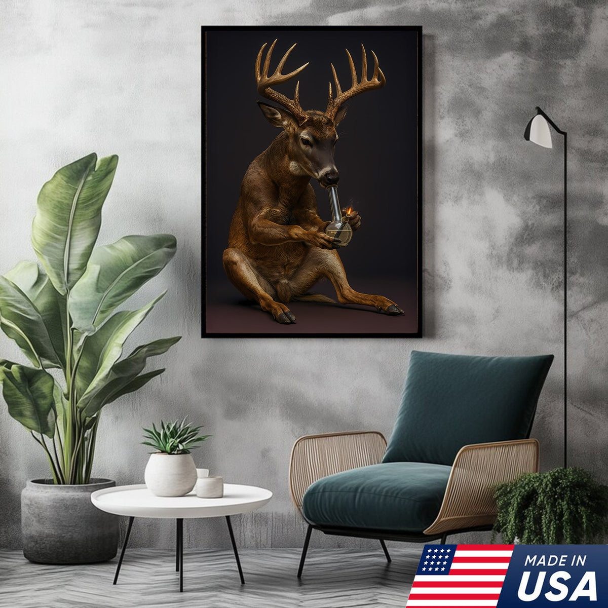 Funny Deer Smoking Canvas, Hilarious Buck Wall Art, Rustic Cabin Decor for Hunters and Humor Lovers