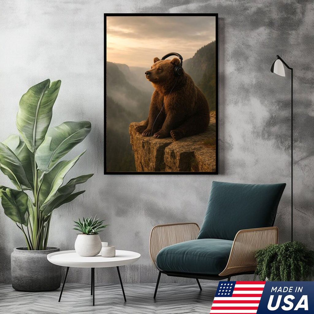 Funny Bear Wall Art, Chill Bear Canvas, Bear with Headphones Art