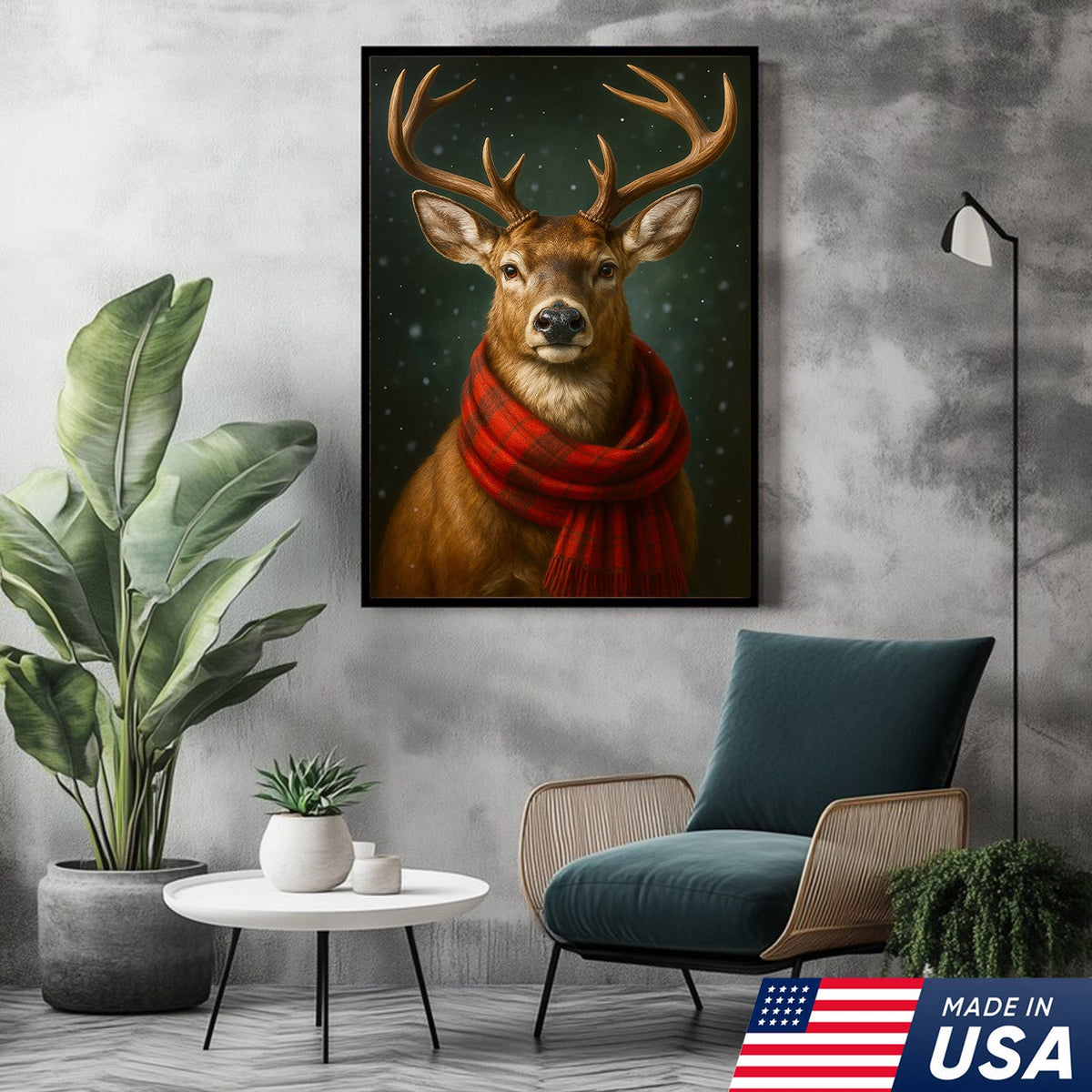 Winter Buck in Red Scarf – Christmas Cabin Wall Art, Rustic Christmas Decor