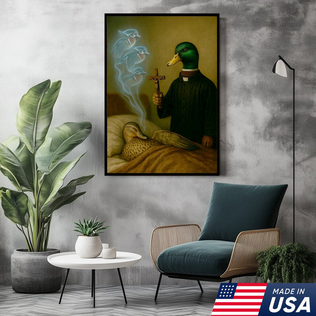 Priest Duck Canvas Wall Art, Surreal Animal Artwork, Funny Dark Humor Painting, Unique Gift for Hunters or Art Collectors