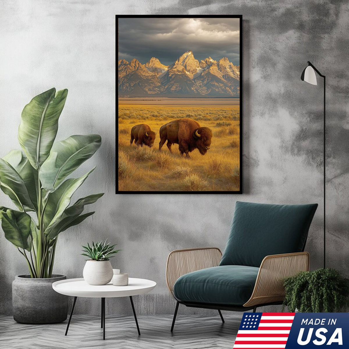 Buffalo Bison Canvas Wall Art, Grand Teton Mountain Landscape Print