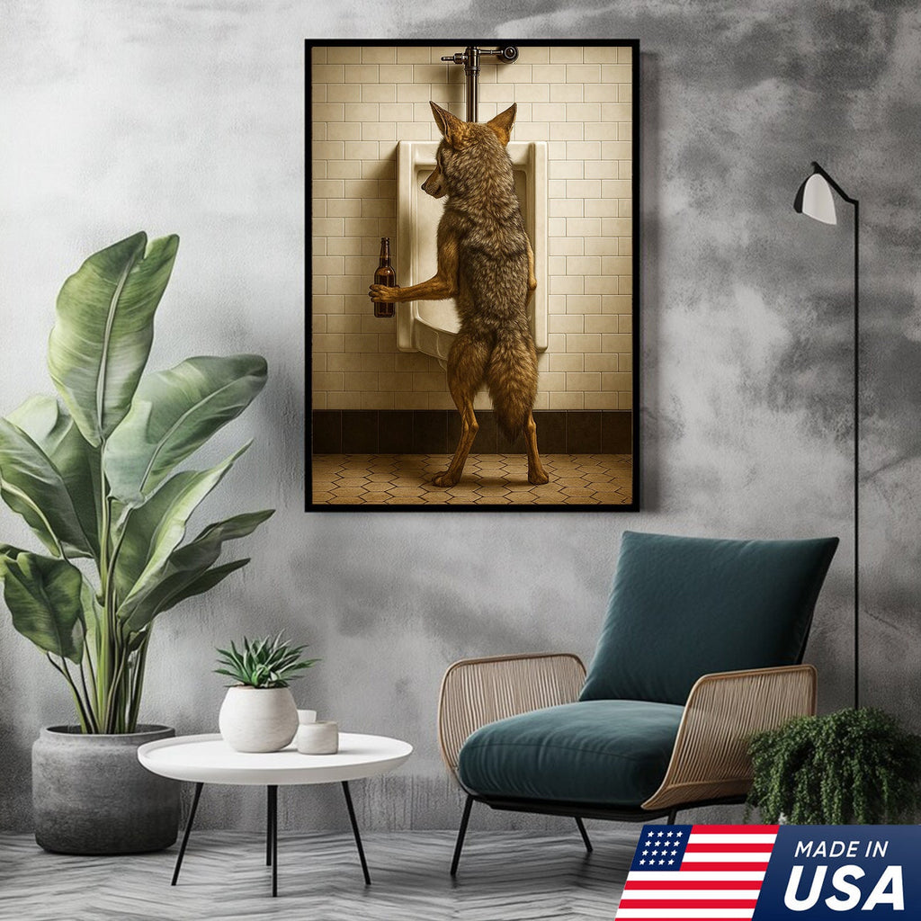 Hilarious Coyote Canvas Wall Art – Funny Bathroom Humor Decor – Rustic Hunting Cabin Gag Gift