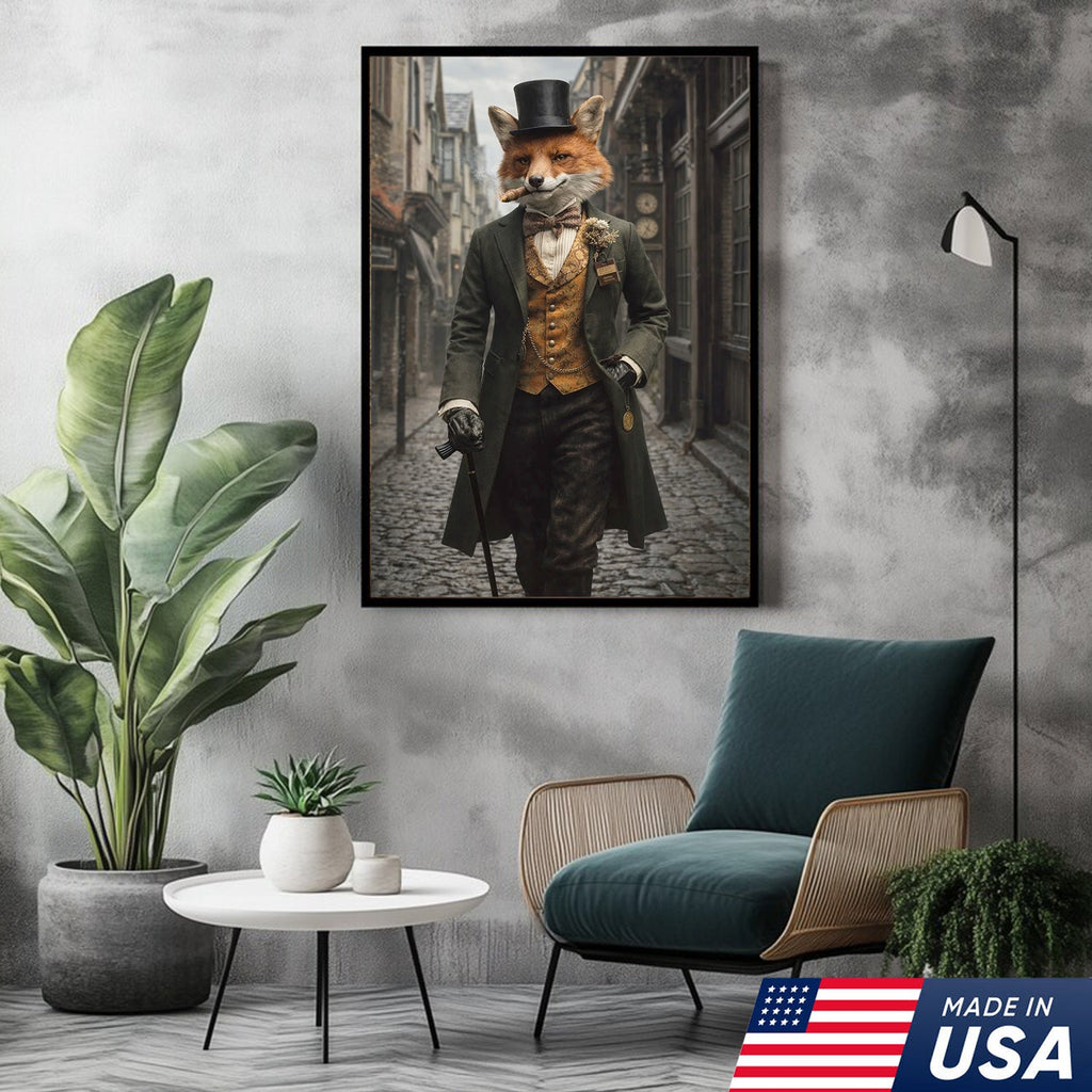 Victorian Gentleman Fox Canvas Wall Art, Elegant Anthropomorphic Fox Illustration