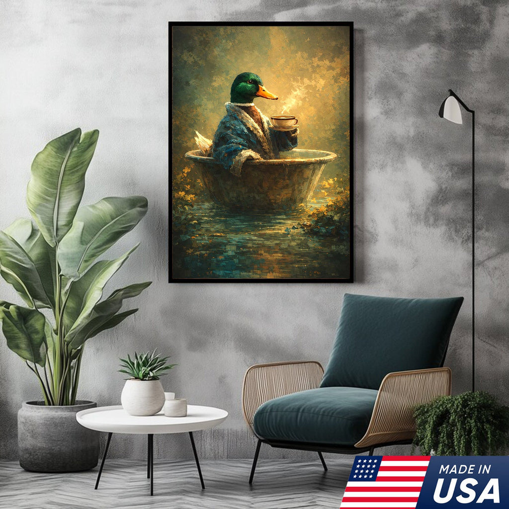 Whimsical Duck Coffee Bath Canvas Wall Art, Cozy Animal Painting