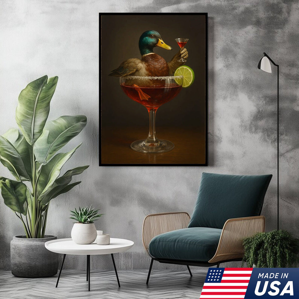 Funny Mallard Duck Canvas Wall Art - Quirky Animal in Cocktail Glass Design