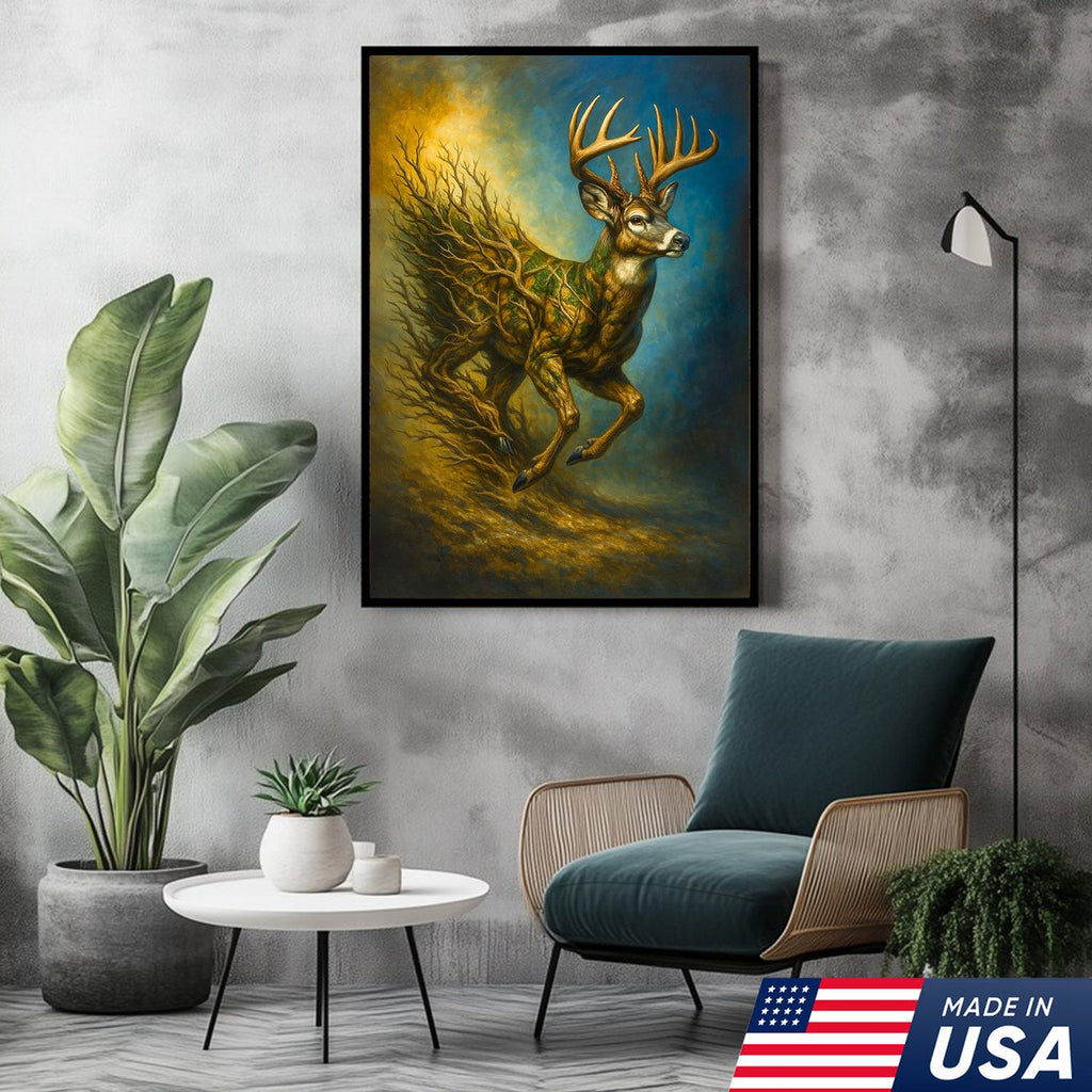 Majestic Deer Canvas Wall Art – Surreal Wildlife Nature Scene – Rustic Lodge and Cabin Decor