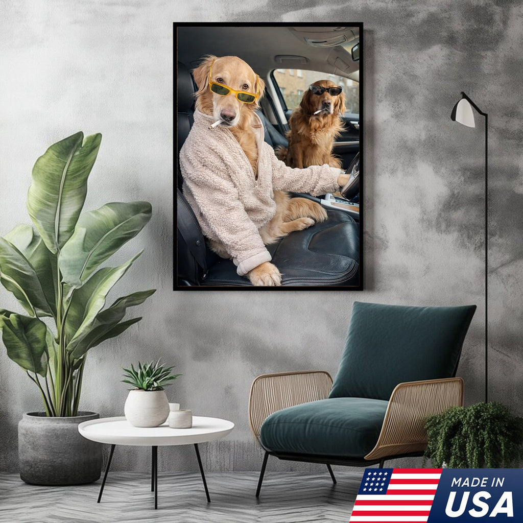 Funny Dog Driving Car Canvas Wall Art, Cool Golden Retriever Duo Portrait