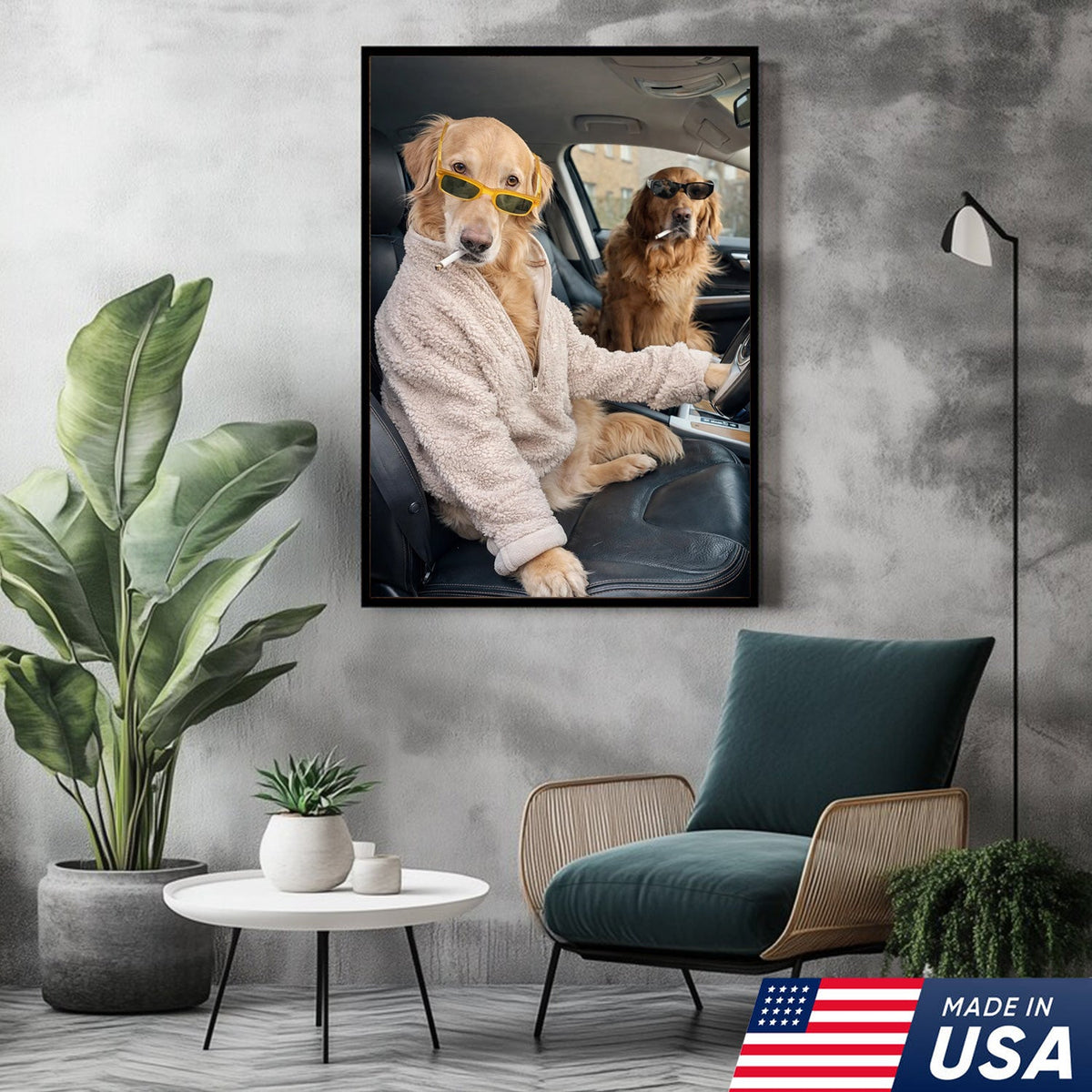 Funny Dog Driving Car Canvas Wall Art, Cool Golden Retriever Duo Portrait