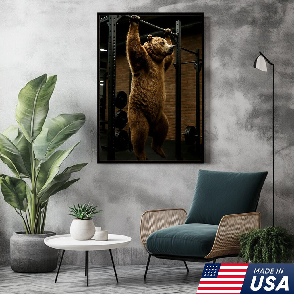 Gym Bear Canvas Wall Art, Funny Workout Animal Art, Fitness Motivation Decor