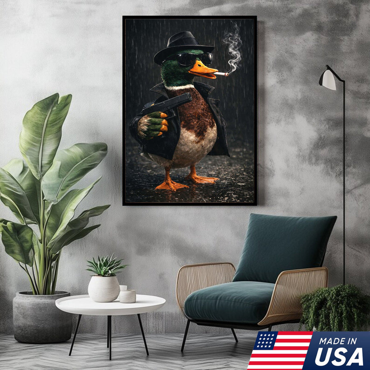 Noir Gangster Duck Canvas Wall Art, Dark Cinematic Animal Illustration