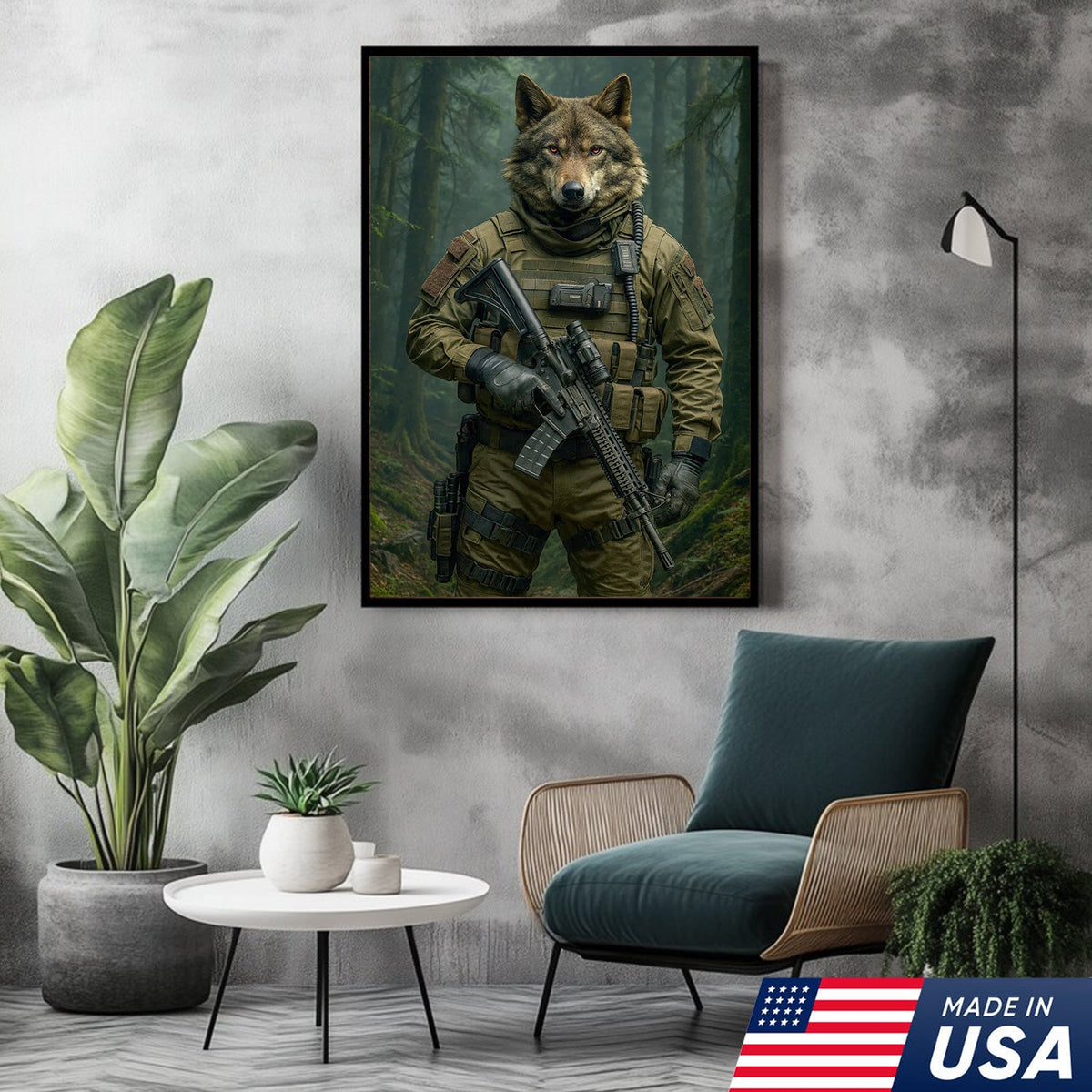 Tactical Wolf Canvas Art – Elite Armored Wolf Warrior in Forest