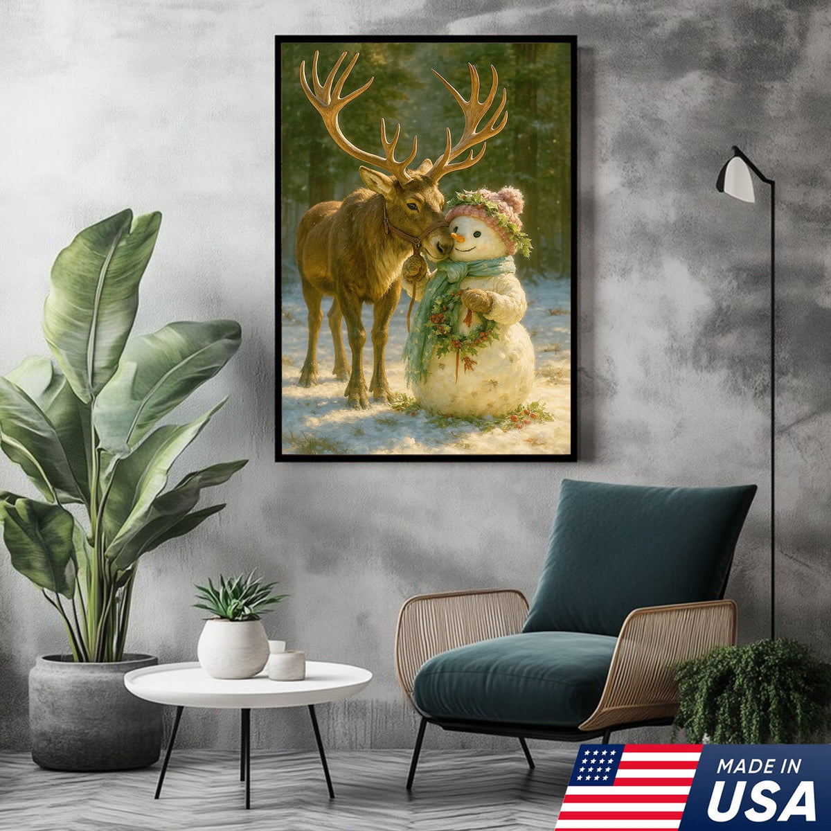 Reindeer and Snowman Friends Christmas Canvas Wall Art, Whimsical Winter Forest Holiday Print