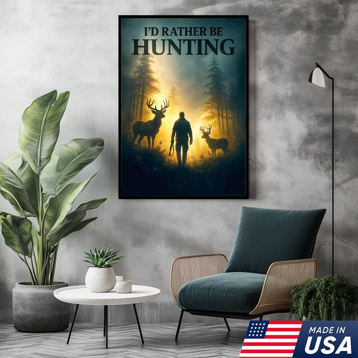 I'd Rather Be Hunting Canvas Wall Art – Rustic Deer and Hunter Scene – Cabin Lodge Outdoor Decor