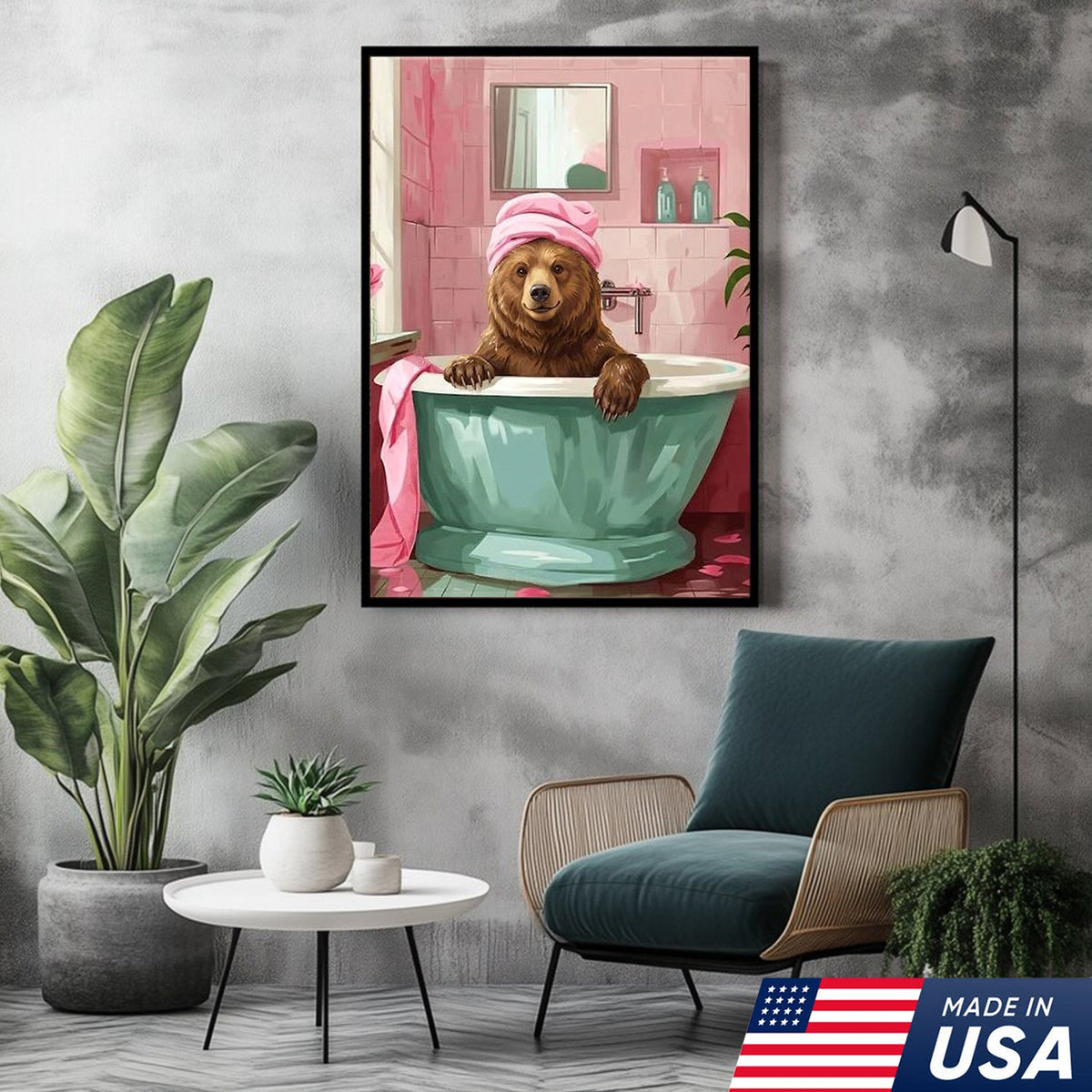 Funny Bear Bathroom Wall Art, Cute Bath Bear Canvas, Pink Bathroom Decor