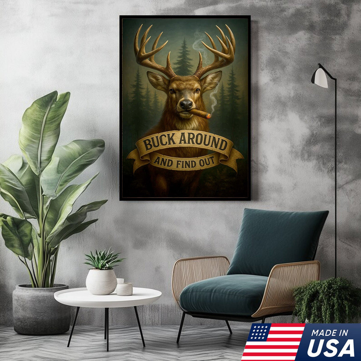 Funny Deer Hunting Canvas Wall Art — “Buck Around and Find Out” Rustic Design with Smoking Buck