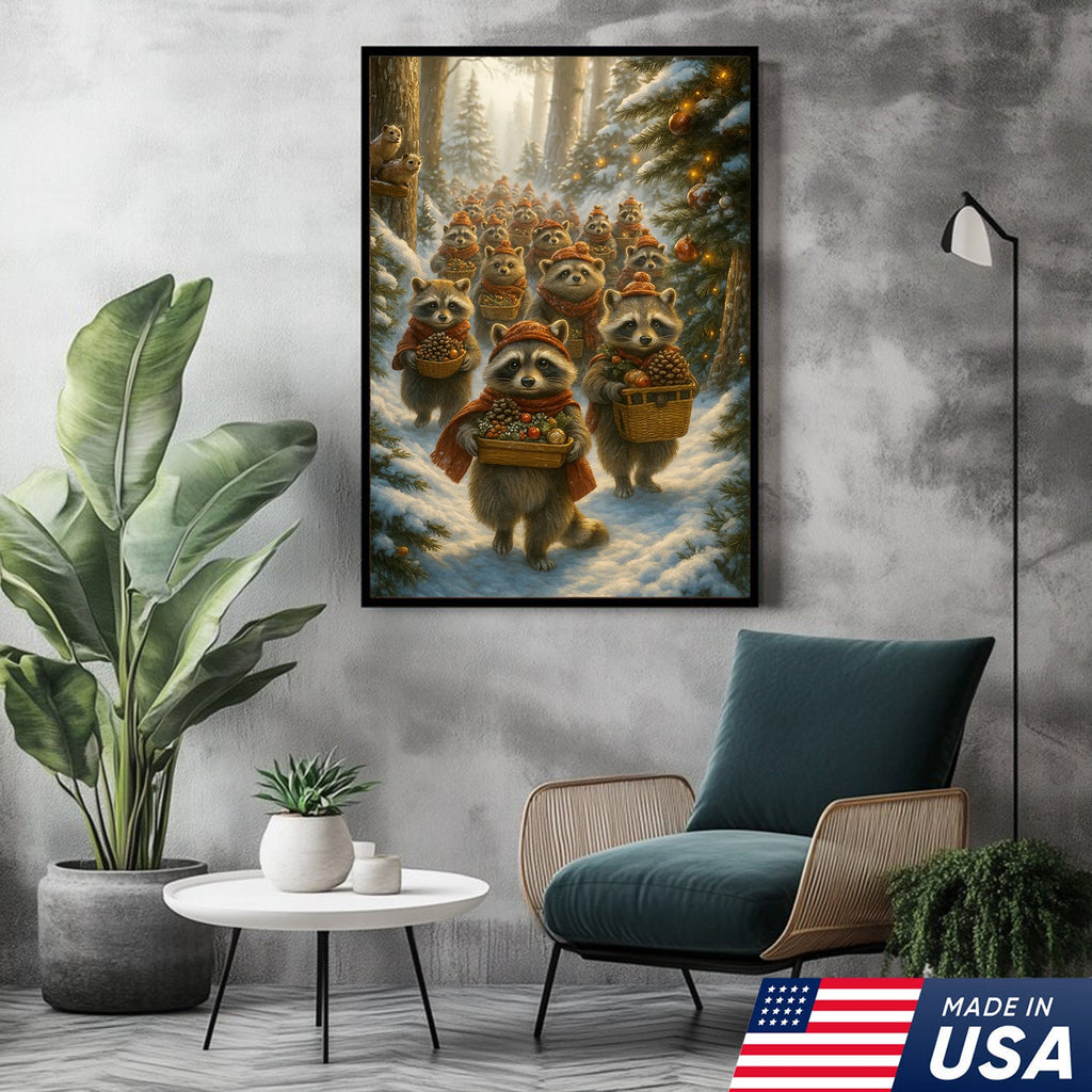Raccoon Christmas Parade Canvas – Cozy Winter Woodland Wall Art
