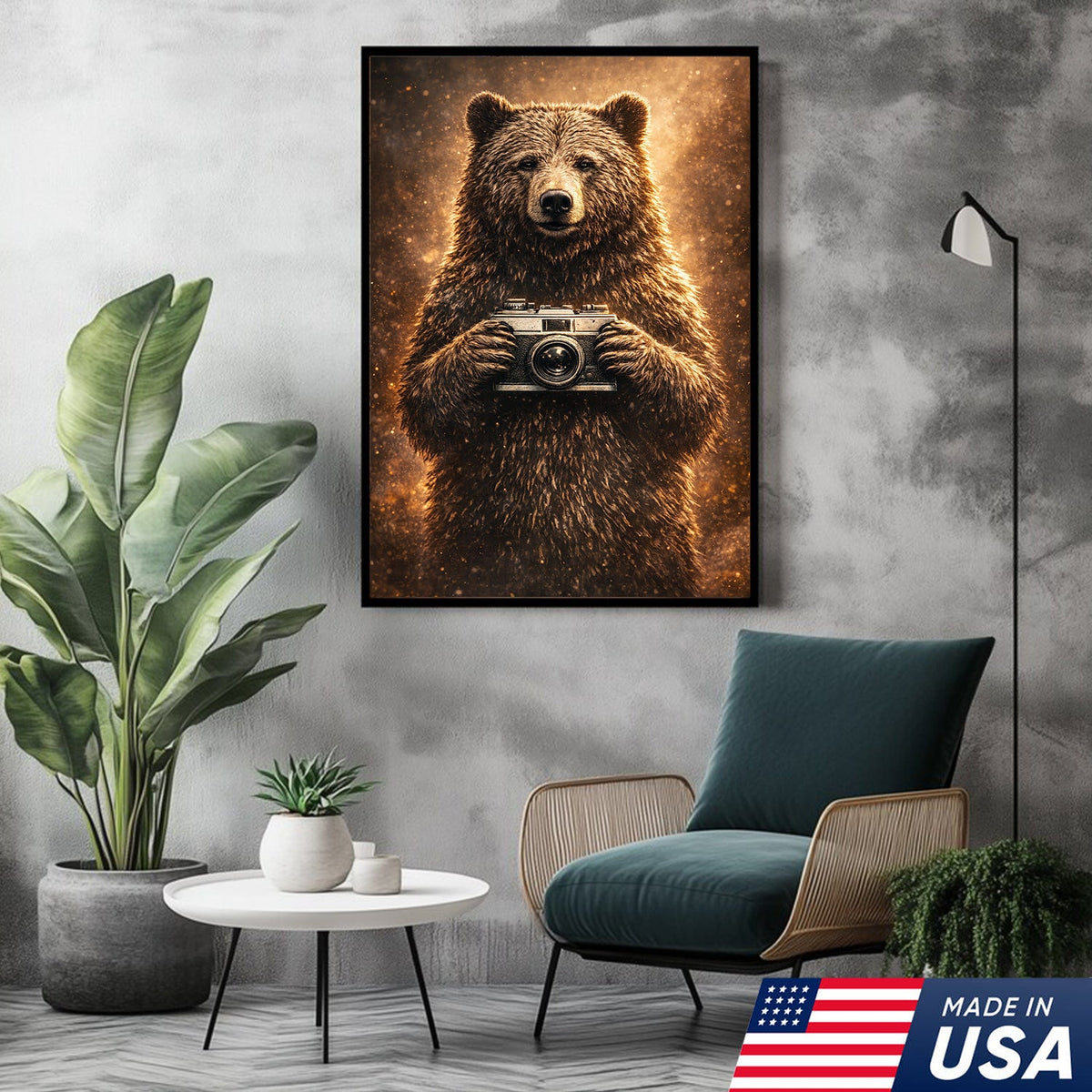Funny Bear Photographer Wall Art Canvas – Rustic Wildlife Camera Canvas Print Decor