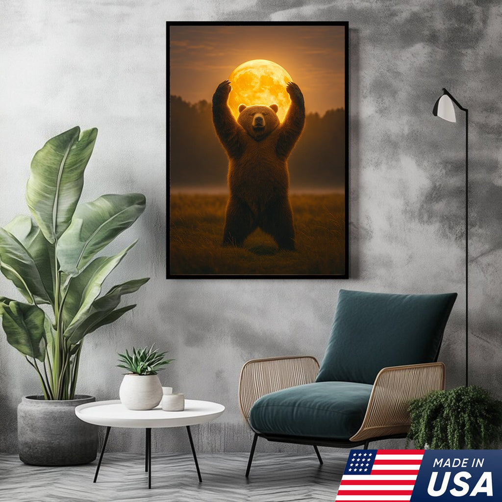 Bear Holding the Full Moon Wall Art Canvas – Mystical Wildlife Decor for Cabin & Nature Lovers