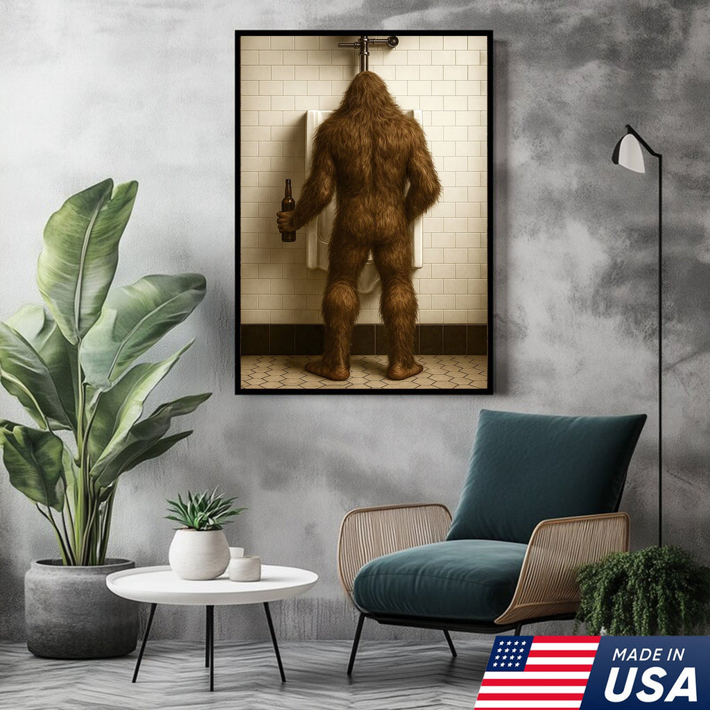 Bigfoot Funny Canvas Wall Art – Hilarious Bathroom Humor Decor – Rustic Cabin Gag Gift