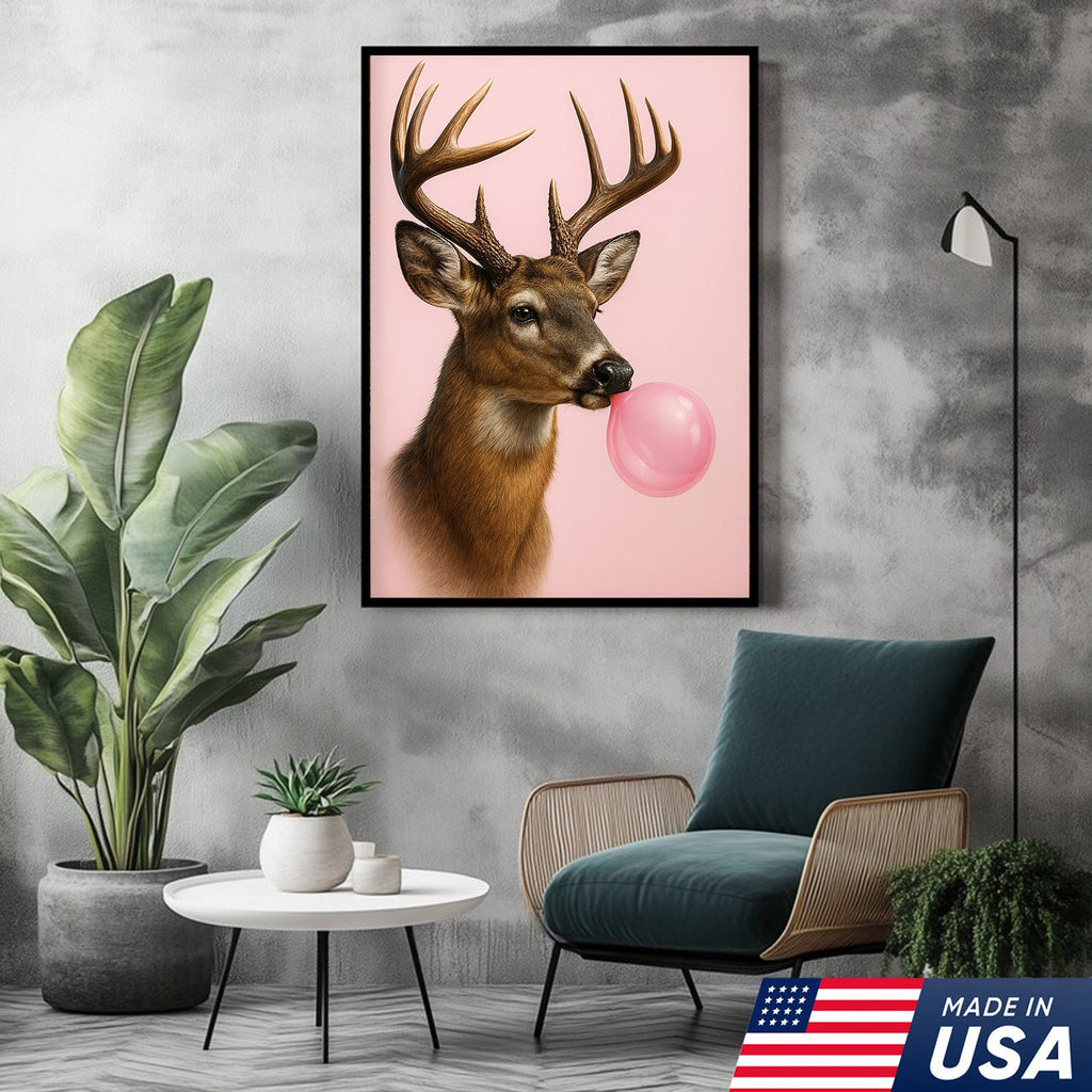 Funny Deer Blowing Bubblegum Wall Art – Modern Animal Canvas Print for Living Room