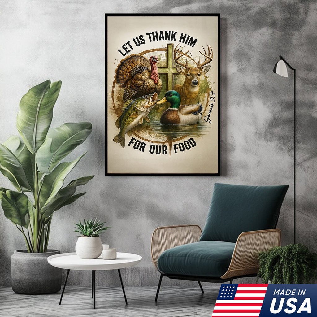 Christian Hunting Canvas Wall Art — “Let Us Thank Him For Our Food” with Deer, Turkey, Duck & Fish