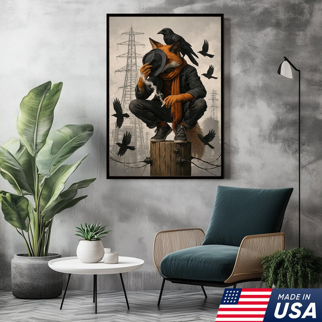 Urban Fox and Raven Canvas Wall Art, Industrial Fantasy Fox Illustration