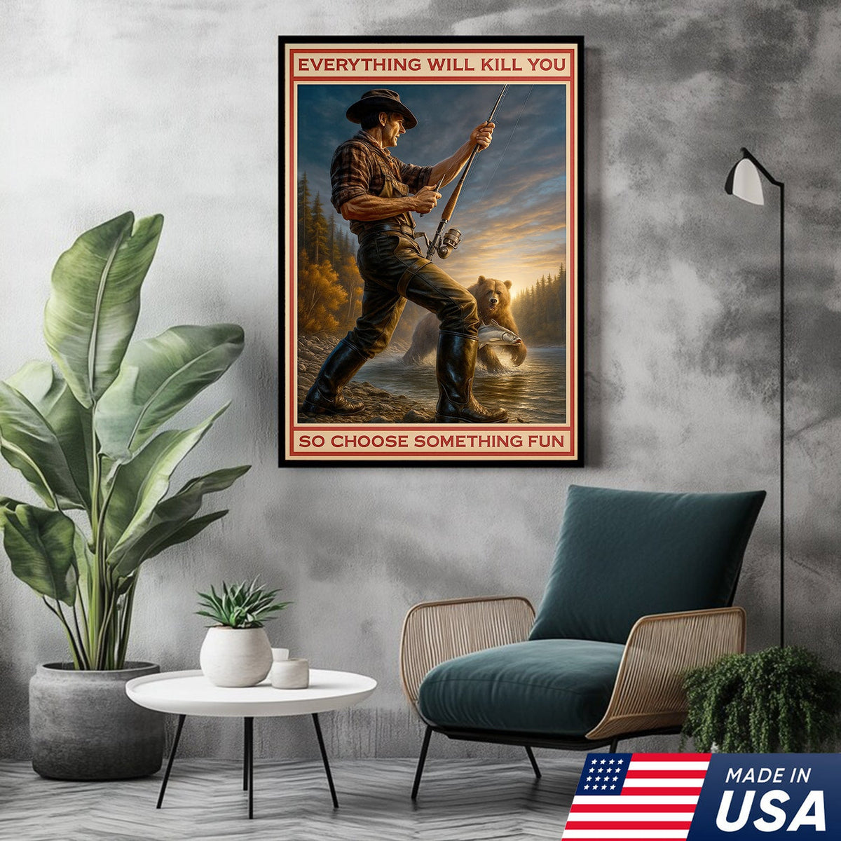 Everything Will Kill You Bear Fishing Canvas Wall Art– Funny Fishing & Bear Wall Art for Man Cave Decor