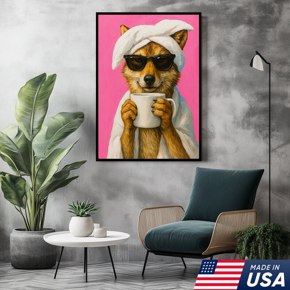 Funny Fox Drinking Coffee Wall Art – Modern Animal Canvas Print for Kitchen