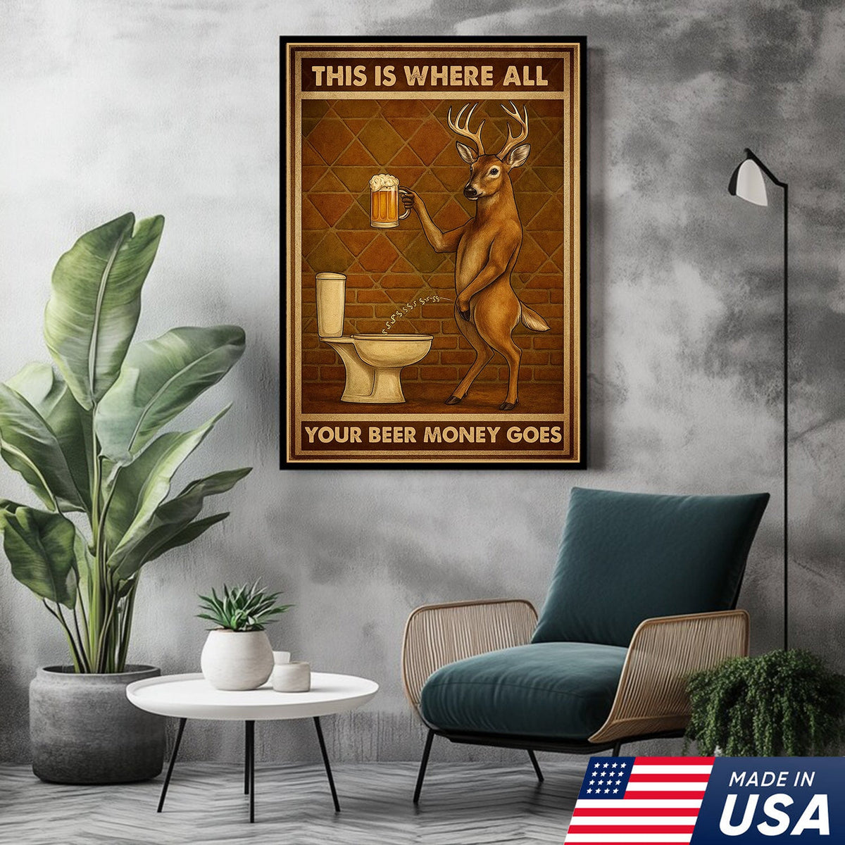Funny Deer Beer Canvas Wall Art – Rustic Hunting Lodge Bar Decor Gift for Hunters & Beer Lovers